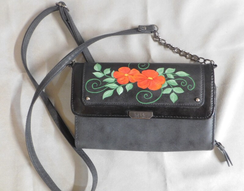 Hand painted crossbody handbag, OOAK Orange flowers painted shoulder bag